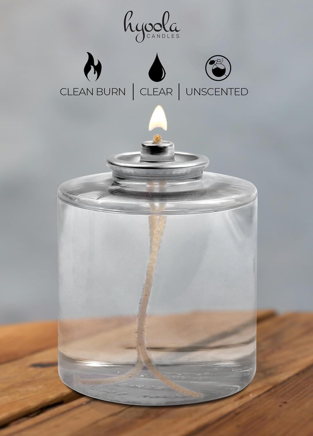 Highlights three distinct product benefits in a segmented layout with icons, reassuring shoppers of the candle's clean burning quality, clarity, and lack of scent.