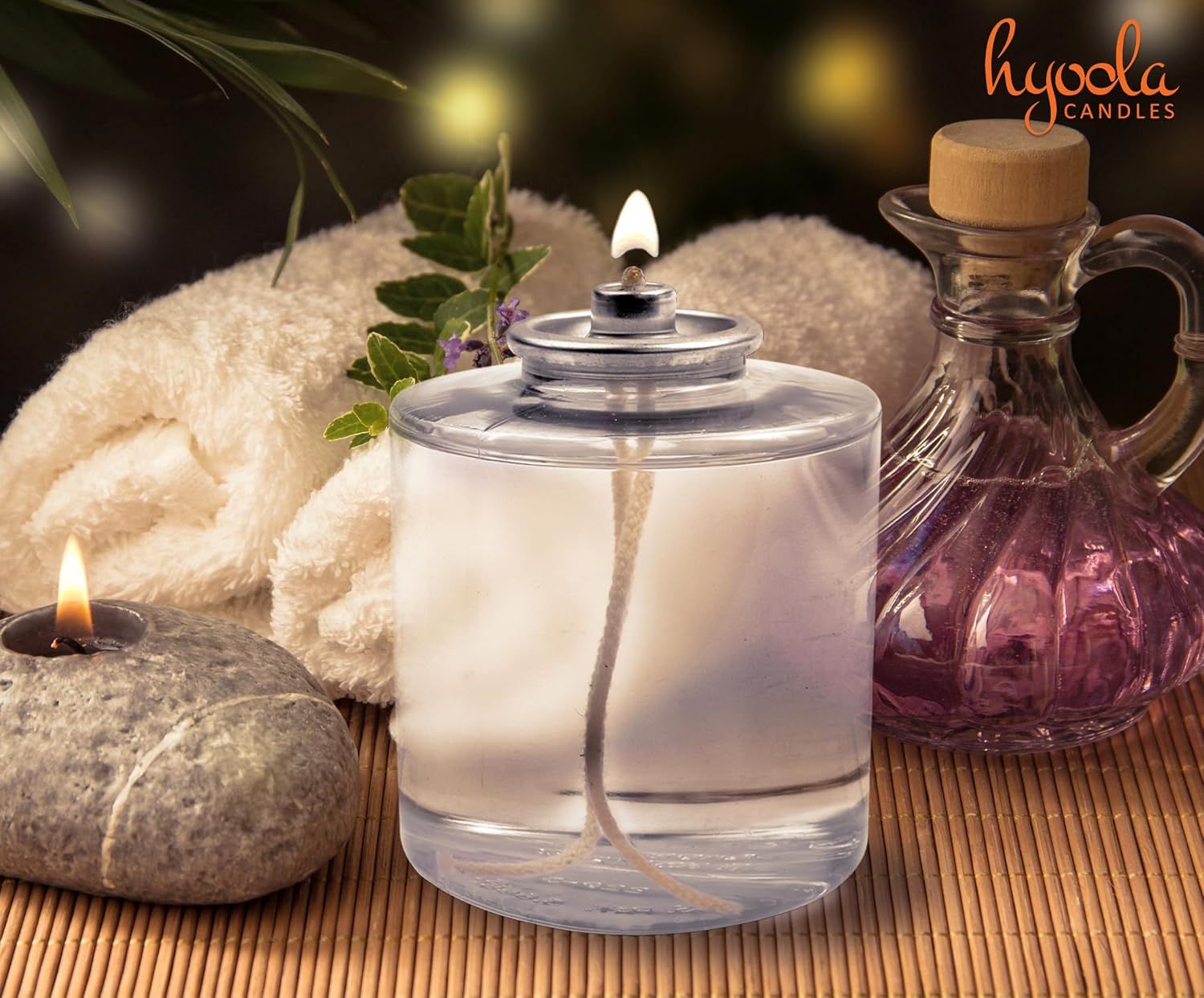 Shows the candle in a real-world spa or relaxation environment to help shoppers visualize the product in use and create an emotional connection.