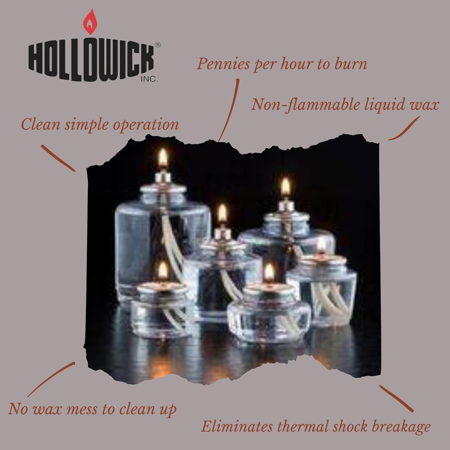 Showcases multiple distinct benefits of the liquid candle system including ease of use, cost efficiency, safety, cleanliness, and durability in a segmented callout layout.