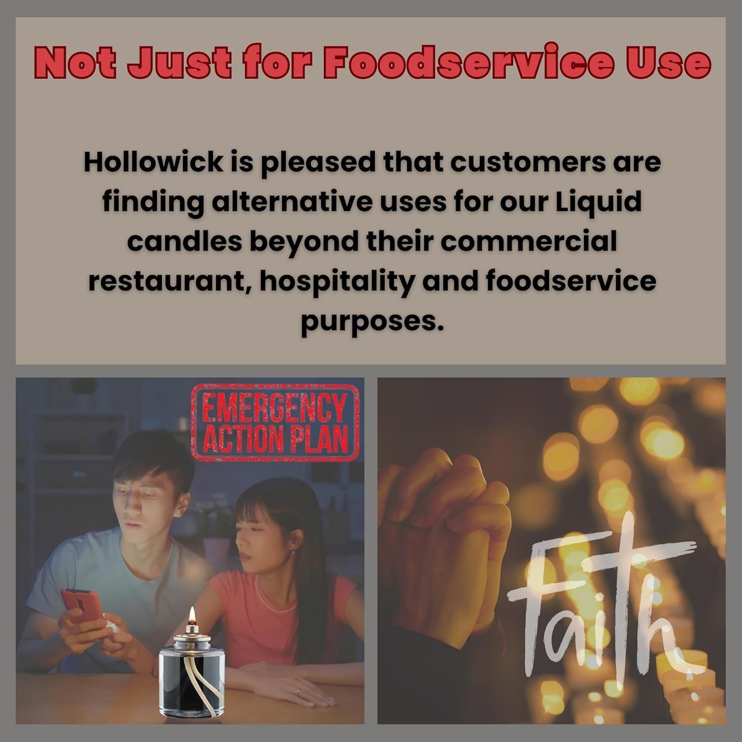 Demonstrates multiple use cases for the liquid candles beyond their commercial restaurant purpose, including emergency preparedness and religious settings.