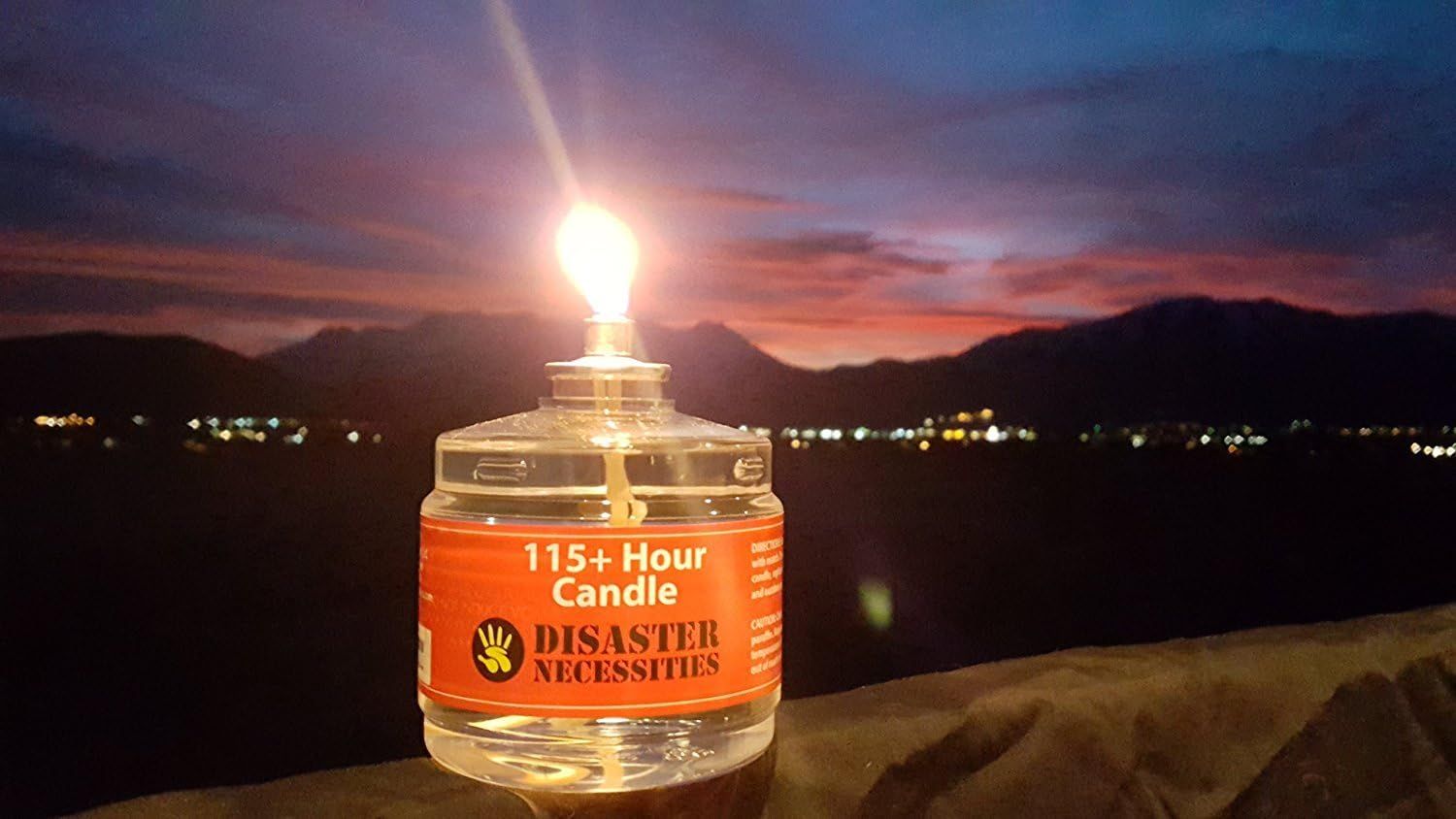 Shows the product lit and in use during an outdoor sunset scenario to demonstrate its functionality as an emergency candle in real-world conditions.