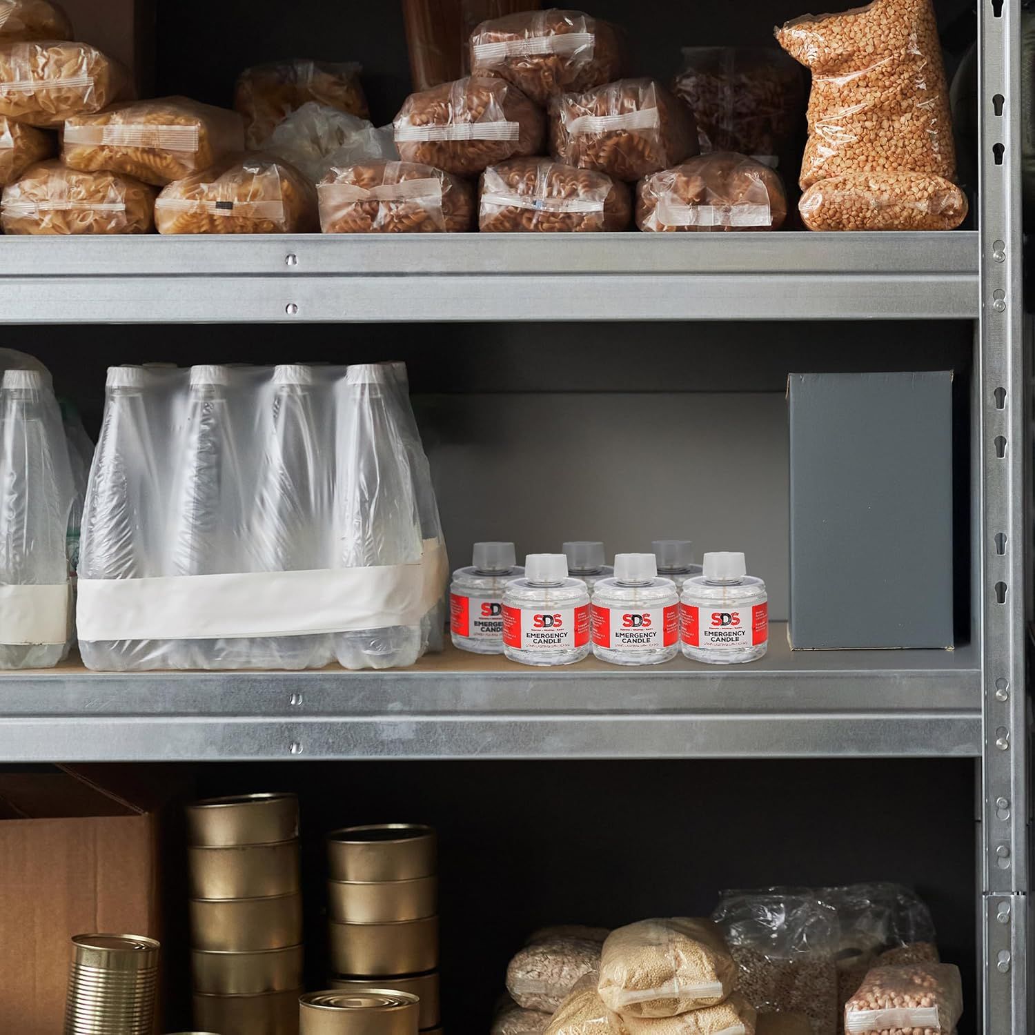 Demonstrates the product stored alongside other emergency supplies, showing its role in disaster preparedness and survival kits.
