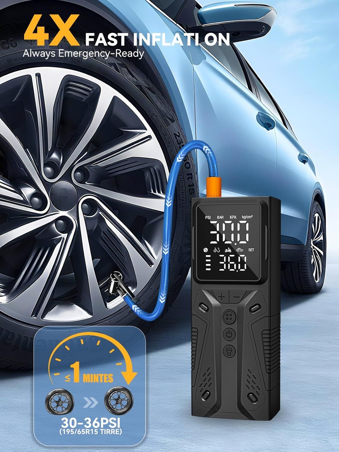 Highlights the product's fast inflation speed (4X faster) and quick 1-minute inflation time to reassure shoppers of efficiency and emergency readiness. Communicates the core benefit of rapid…