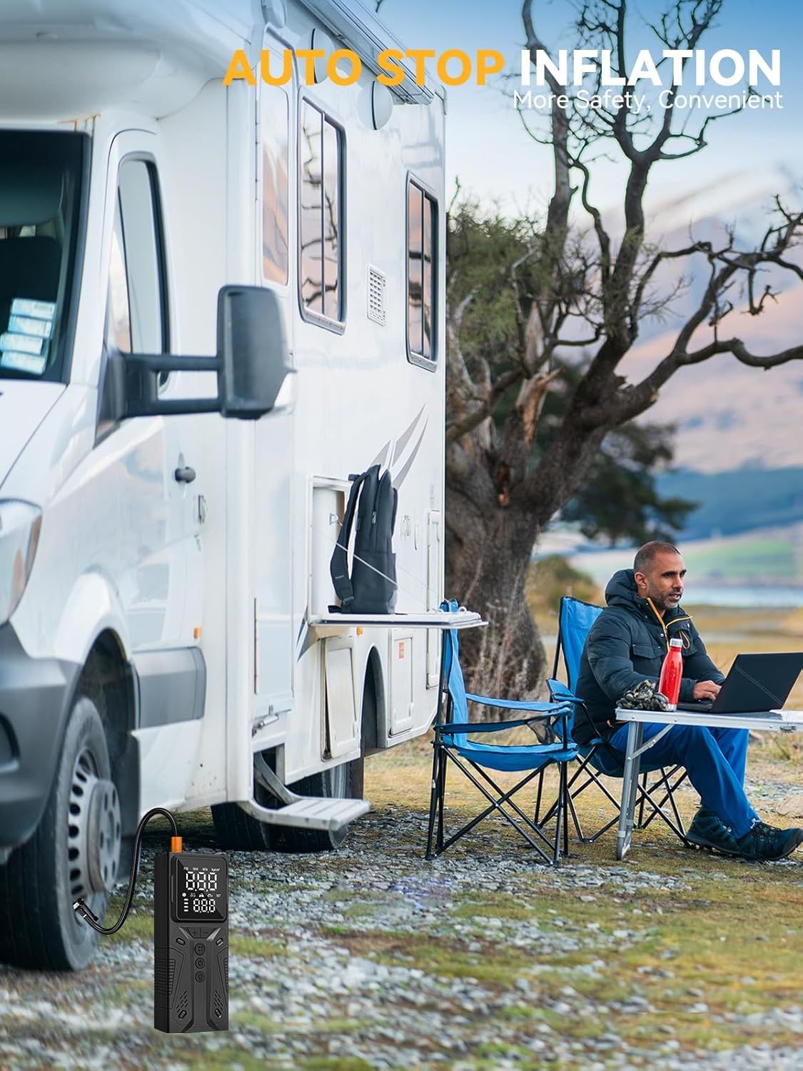 Demonstrates the product's auto-stop feature in a real-world RV camping scenario, reassuring shoppers of safe, convenient, hands-free operation.