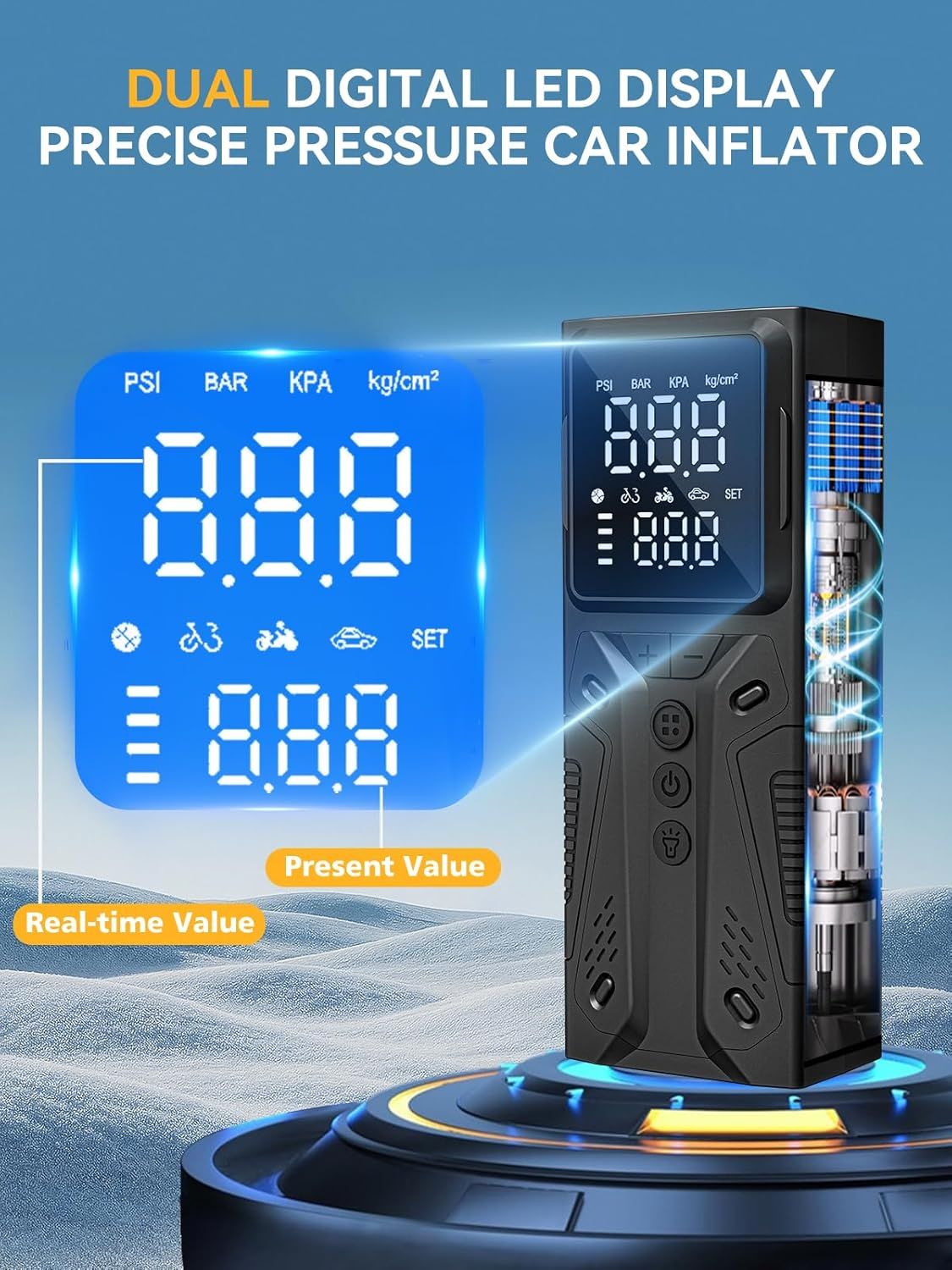 Highlights the dual digital LED display feature that provides real-time and preset pressure values, reassuring shoppers of precision and control.