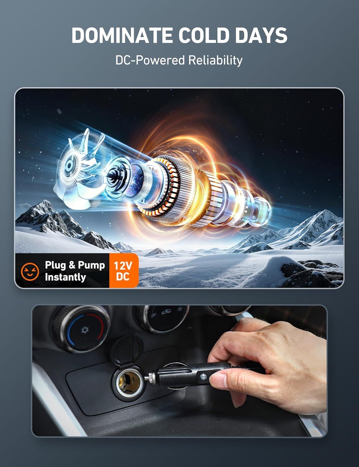 Highlights the product's ability to work reliably in cold weather conditions using 12V DC power, reassuring shoppers it will function when they need it most.