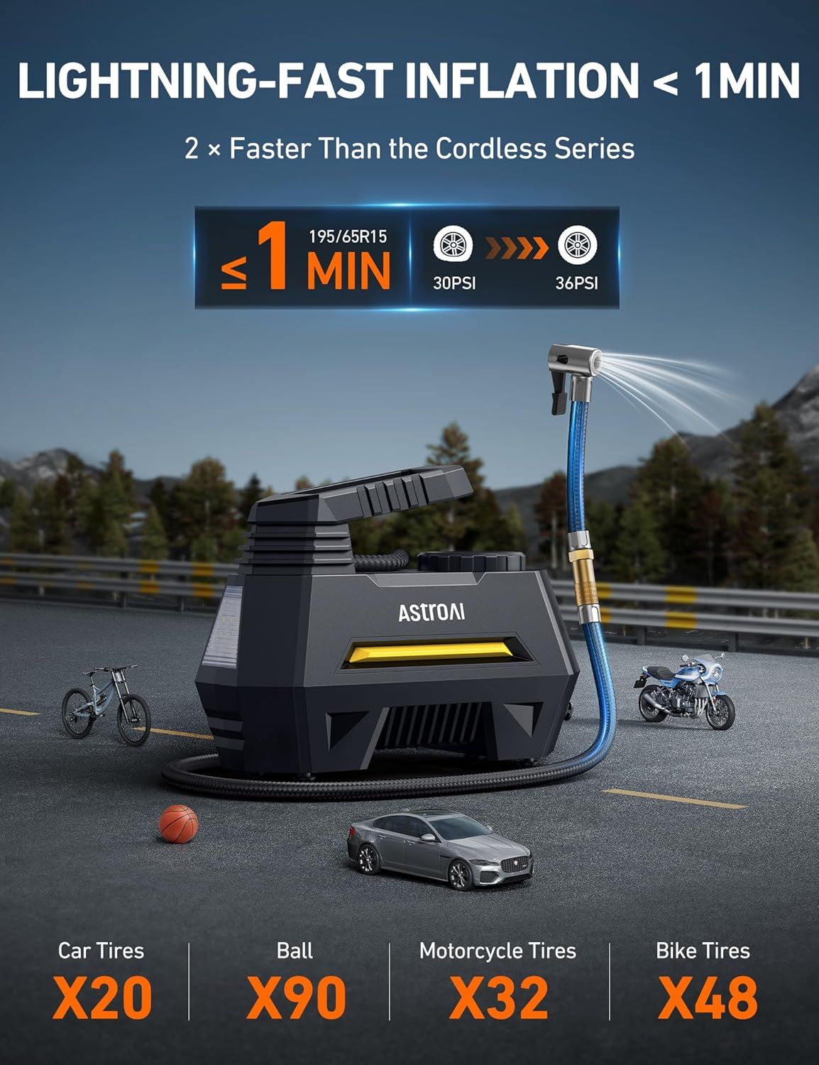 Communicates the product's fast inflation speed (under 1 minute) and versatility across multiple applications (car tires, balls, motorcycle tires, bike tires) with quantifiable capacity stats.…