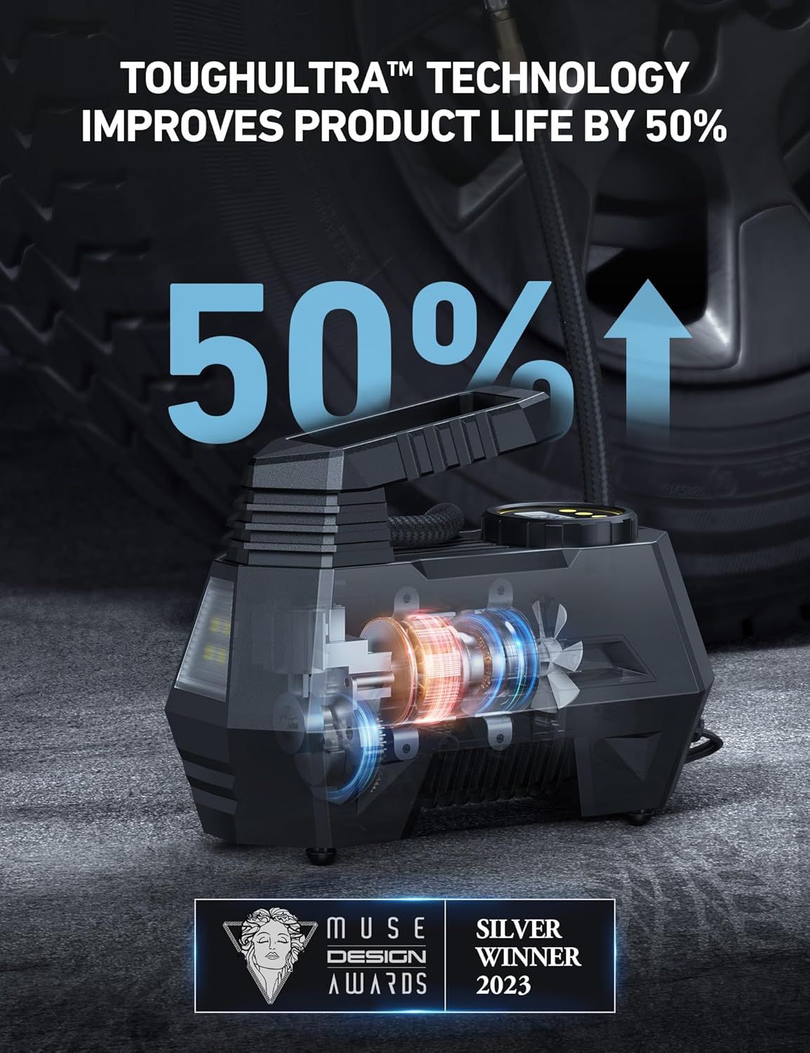 Highlights the product's 50% improvement in product life through ToughUltra technology, reassuring shoppers of durability and long-term value. Shows the product has received external recognition…