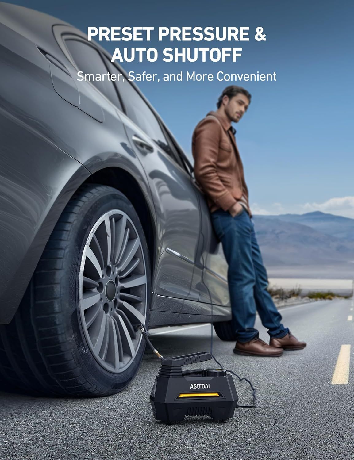 Communicates the product's smart preset pressure and auto shutoff features, emphasizing convenience, safety, and ease of use for shoppers.