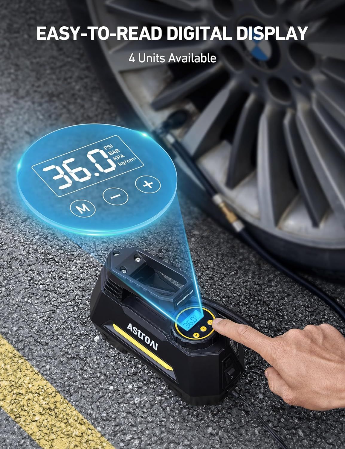 Highlights the product's easy-to-read digital display with 4 unit options, reassuring shoppers they can monitor pressure accurately and conveniently.