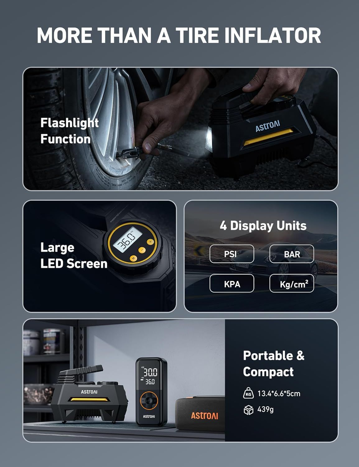 Showcases multiple distinct features of the tire inflator in a segmented layout, highlighting its versatility beyond just inflation (flashlight, display options, compact size).
