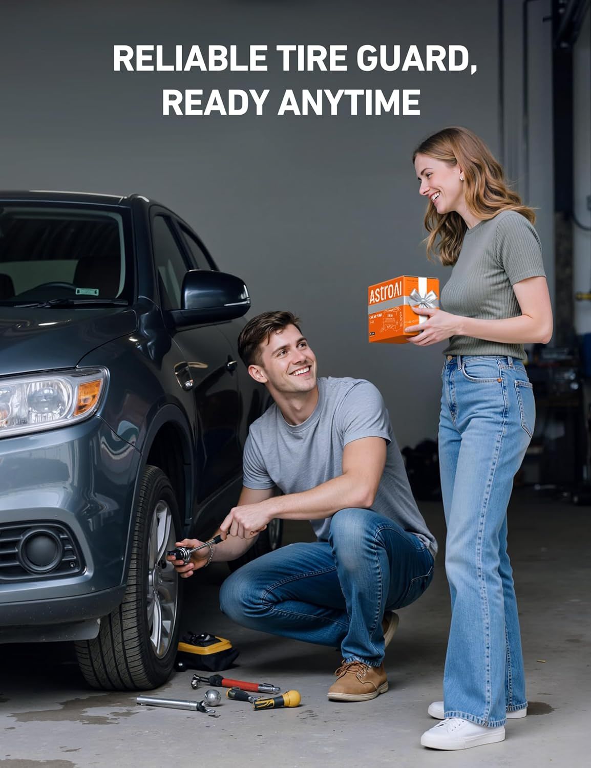 Positions the product as a reliable tire guard that's always ready when needed, with lifestyle imagery suggesting it's also gift-worthy. Shows the product in gift packaging with a ribbon,…