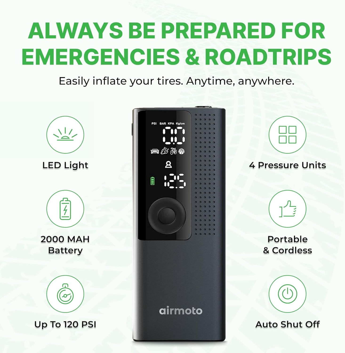 Highlights multiple key features and benefits of the tire inflator in a segmented layout to communicate versatility, portability, and convenience for emergencies and road trips.
