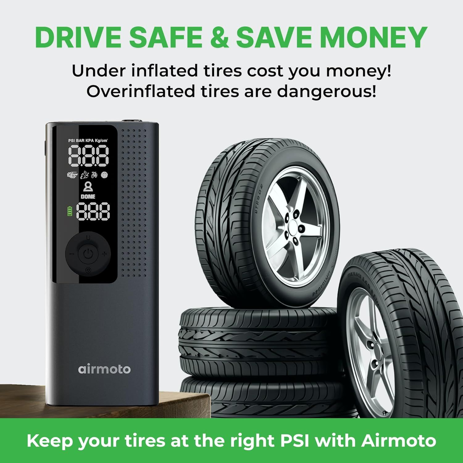 Communicates the importance of maintaining proper tire pressure for safety and cost savings, positioning the product as the solution.