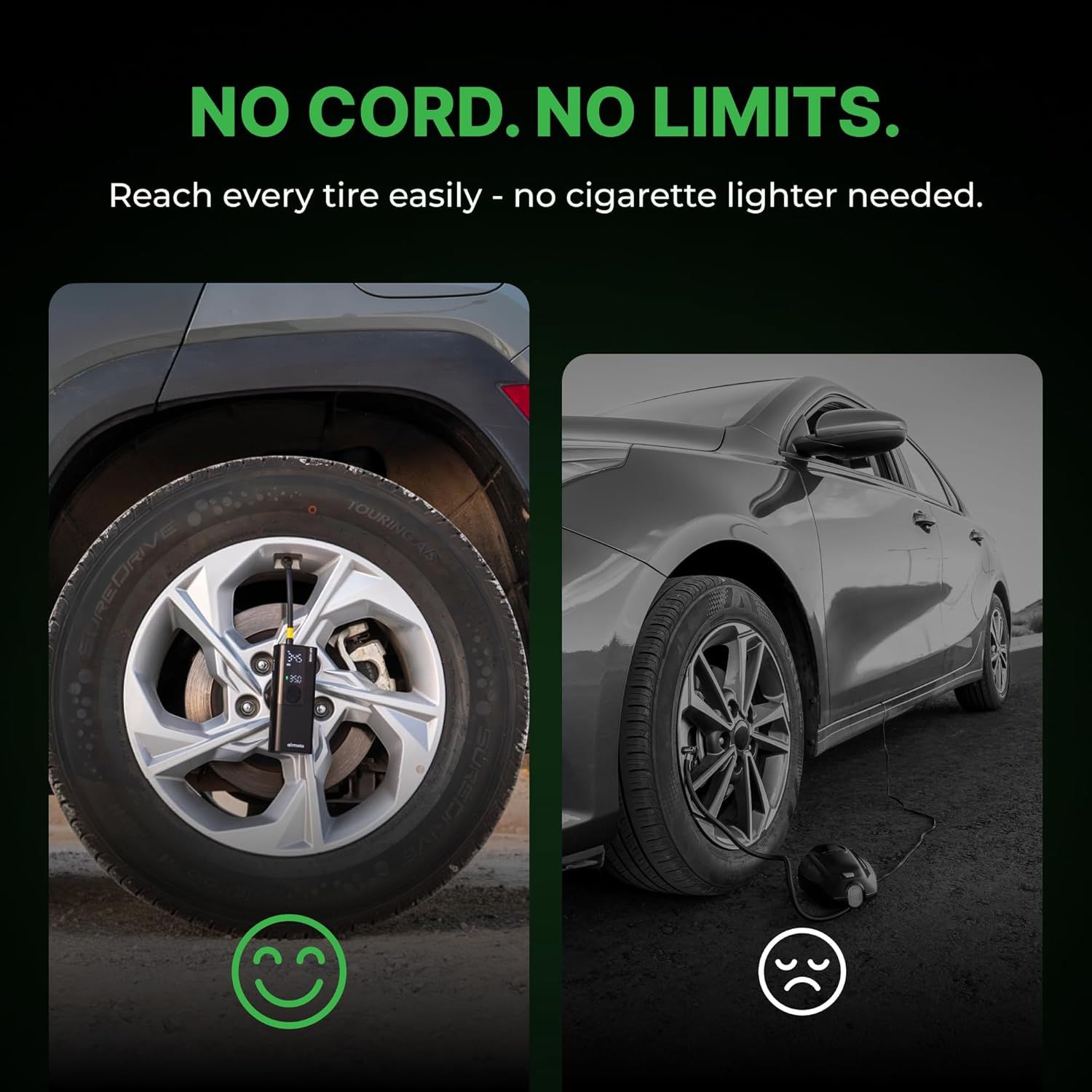 Demonstrates the product's cordless advantage over traditional corded tire inflators, emphasizing convenience and ease of use.