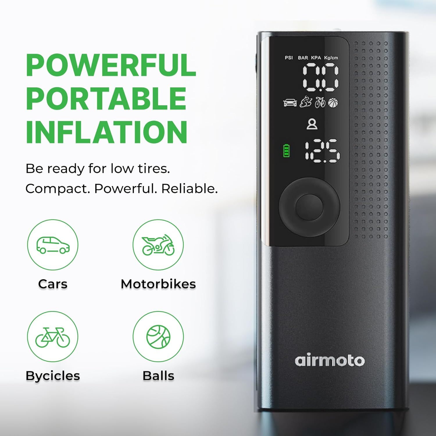 Shows the multiple use cases and versatility of the tire inflator across different vehicle types and sports equipment. Reinforces the product's versatility and reliability as a portable inflation…