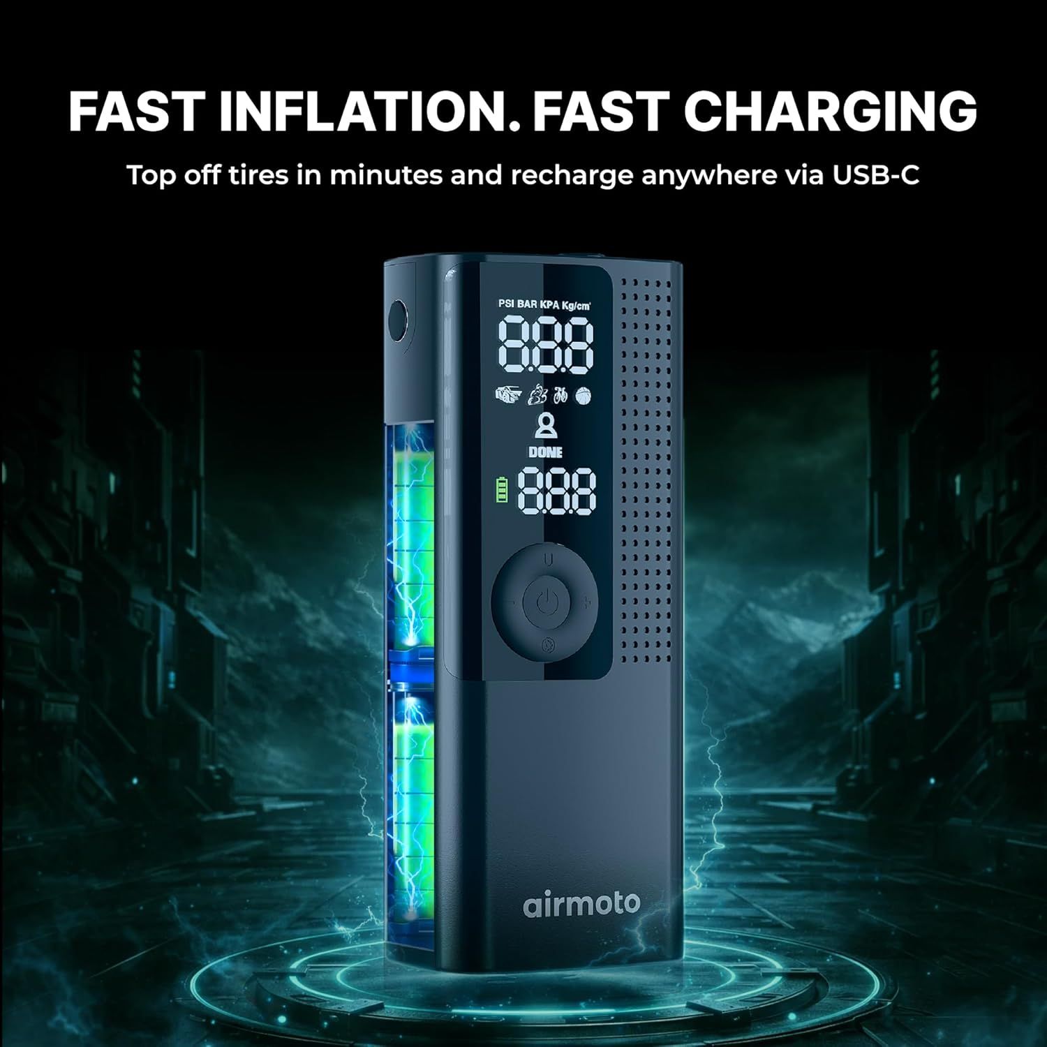 Highlights the product's speed and convenience in both inflating tires and recharging the device.