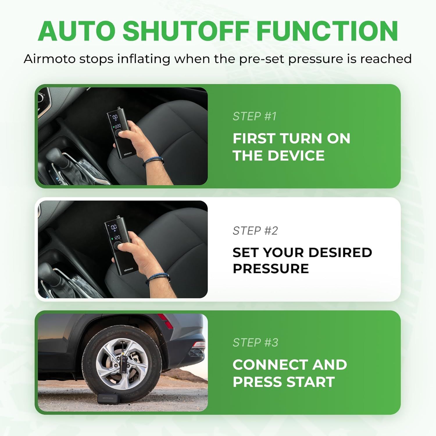 Explains how to use the auto shutoff feature through a simple 3-step instructional layout, demonstrating ease of use and safety.