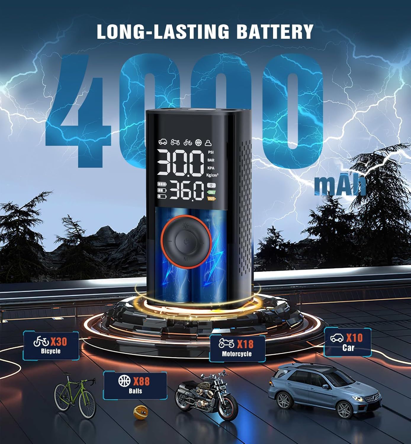 Highlights the long-lasting 4000 mAh battery capacity and demonstrates versatility by showing how many times it can inflate different items (bicycles, motorcycles, cars, balls). Demonstrates the…