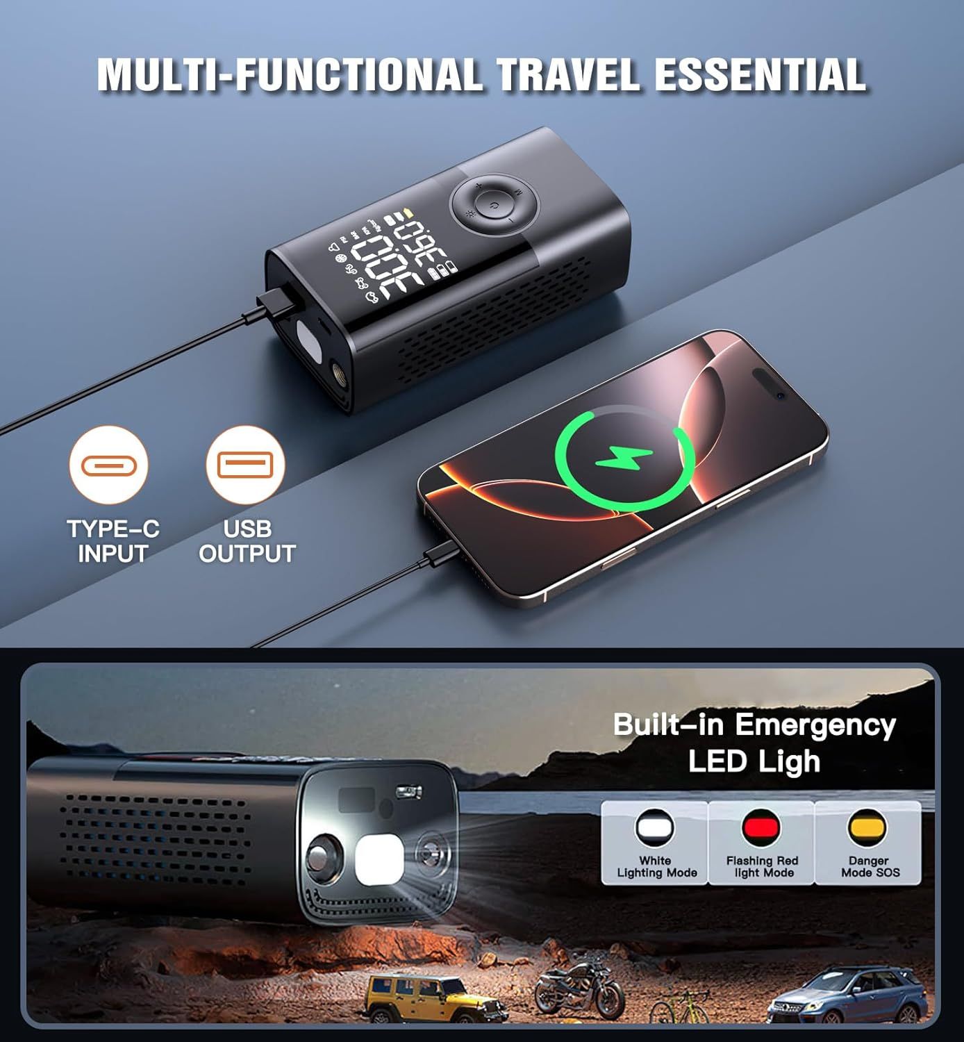 Showcases multiple distinct features in a segmented layout: charging capabilities (Type-C input, USB output) and emergency LED light functionality to position the product as a multi-functional…