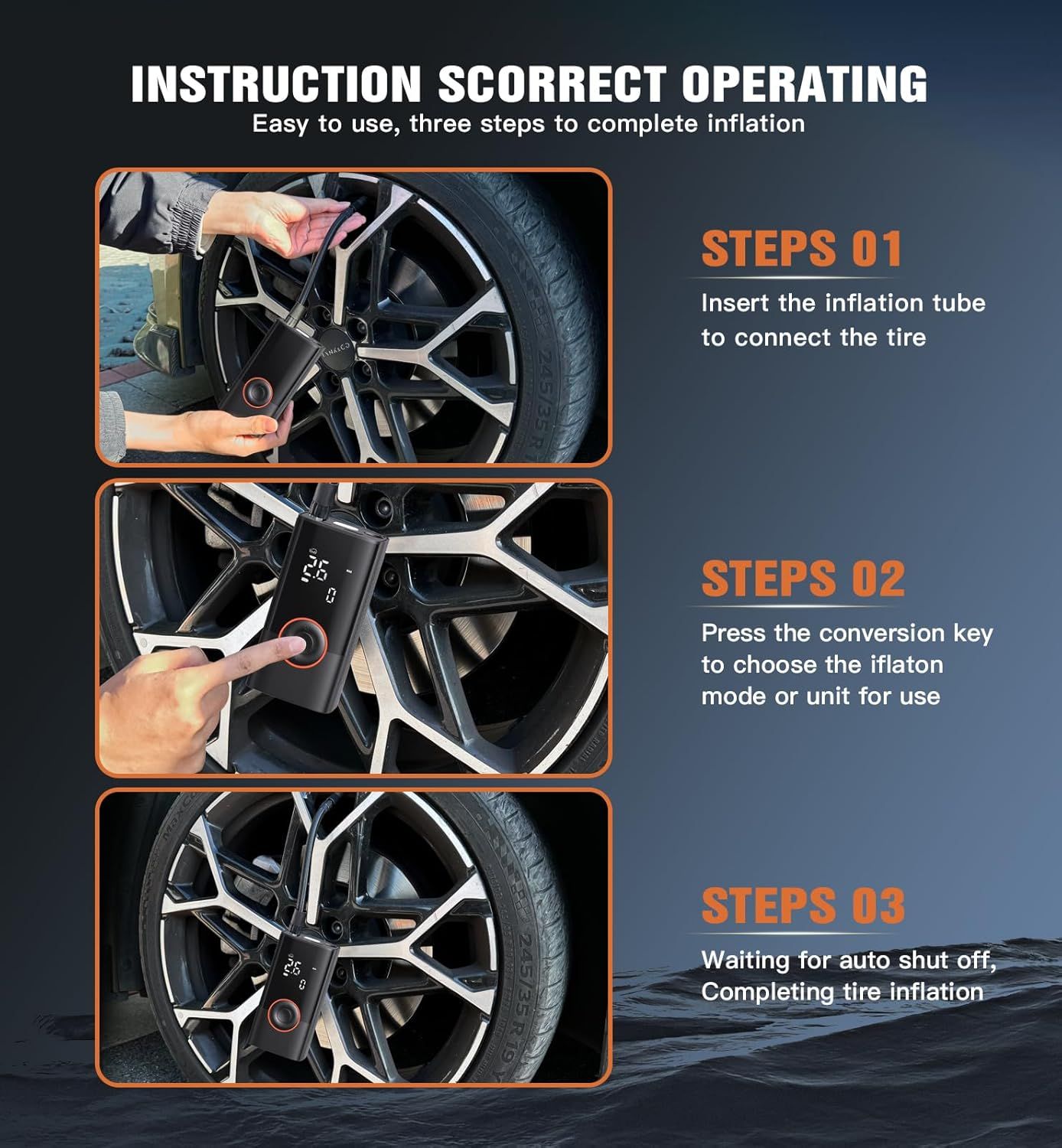 Provides clear step-by-step instructions for using the tire inflator to reassure shoppers that the product is easy to operate.