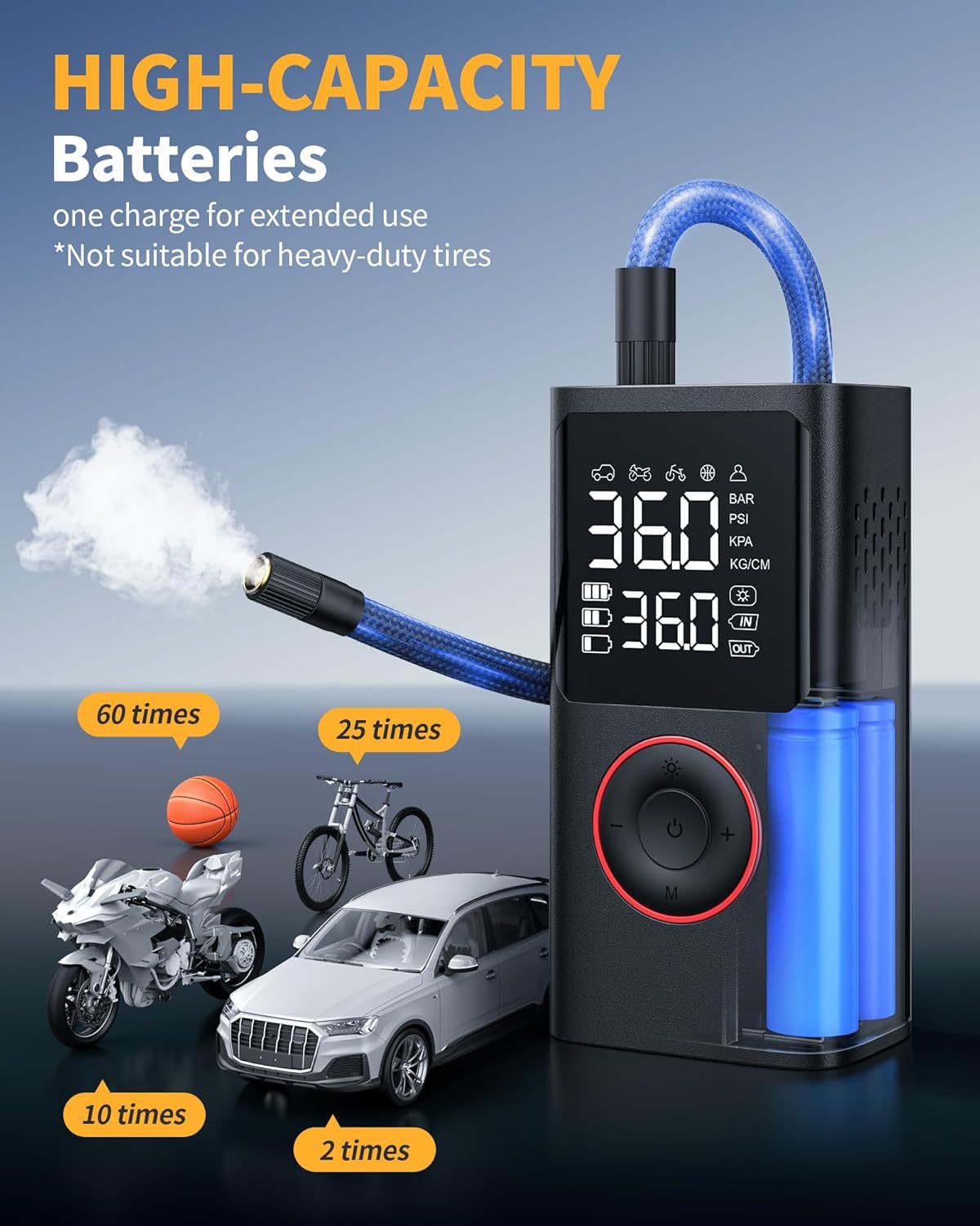 Demonstrates the product's battery capacity by showing how many times it can inflate different items (60 times for basketballs, 25 times for bikes, etc.), reassuring shoppers of extended use per…