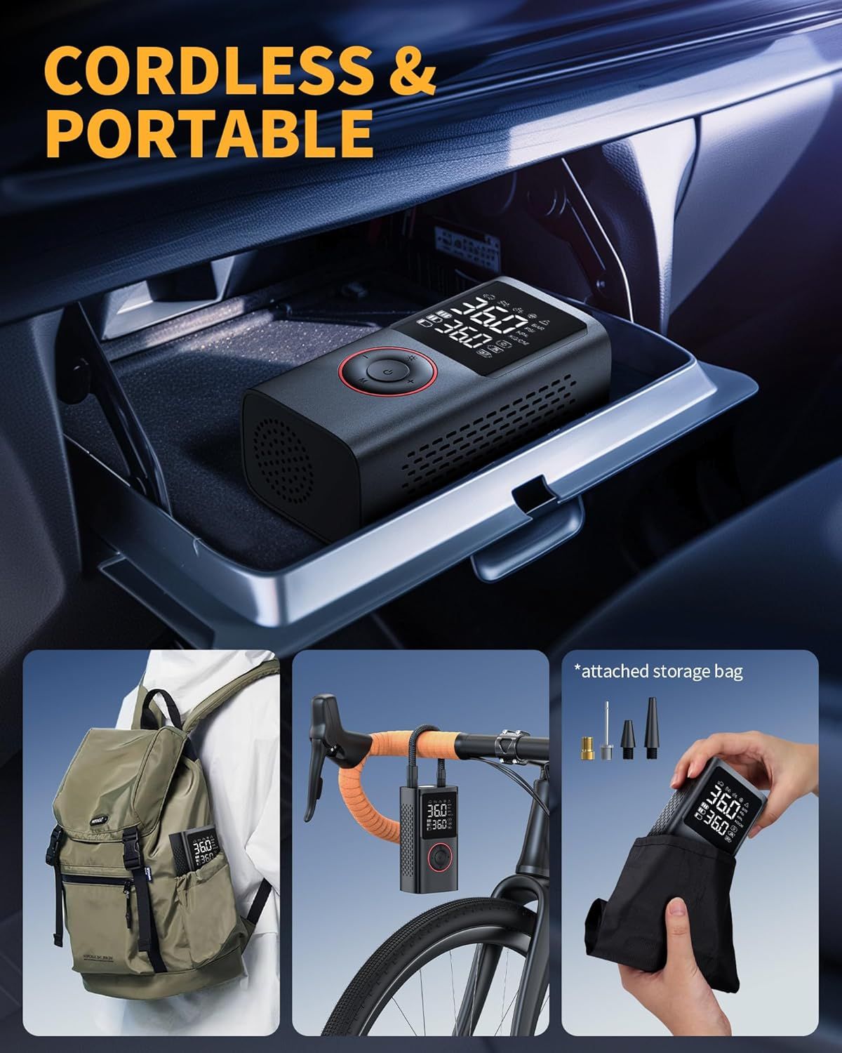 Highlights multiple benefits in a segmented layout: cordless convenience, portability in various scenarios (car, backpack, bike), and included storage bag.