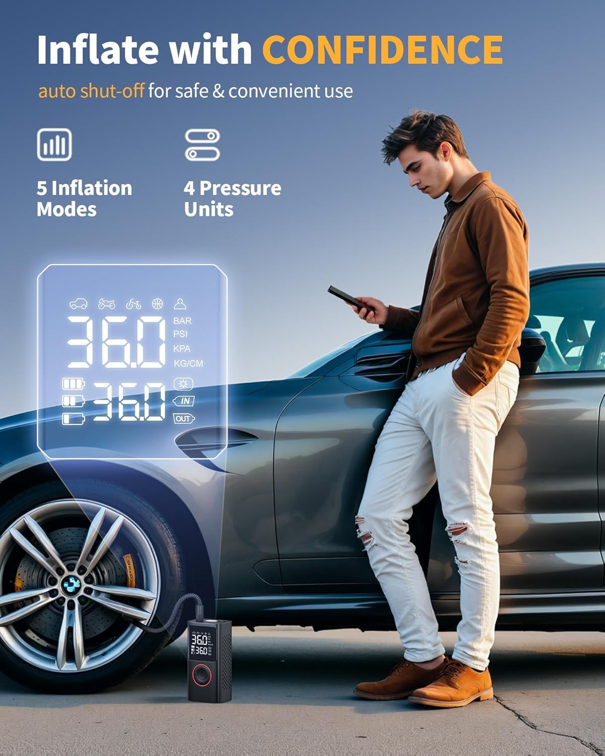 Communicates multiple features in a segmented layout: auto shut-off for safety, 5 inflation modes, and 4 pressure unit options, reassuring shoppers of versatile and safe operation.