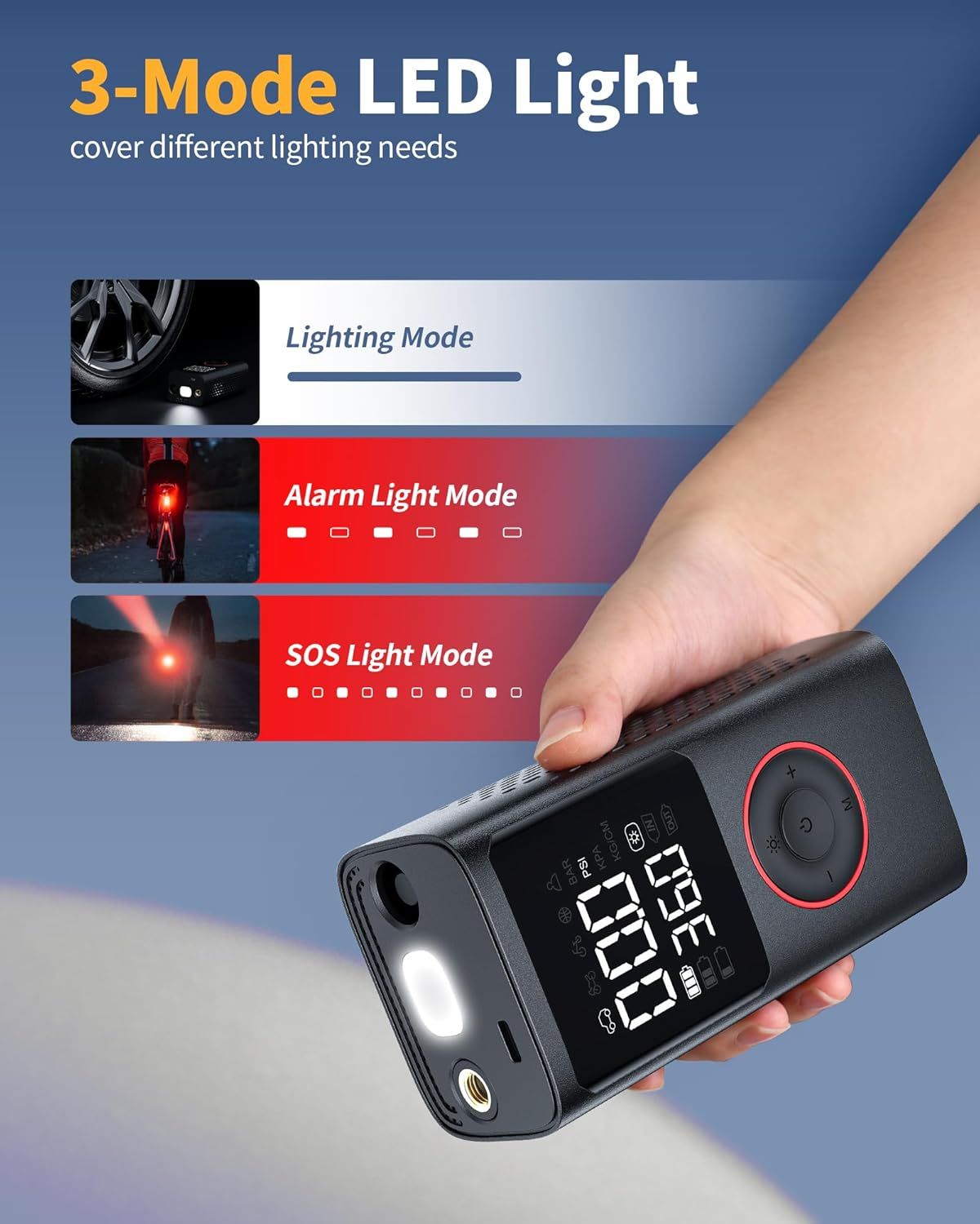 Highlights the product's 3-mode LED light feature (lighting, alarm, SOS) to reassure shoppers it provides safety and visibility in different emergency scenarios.