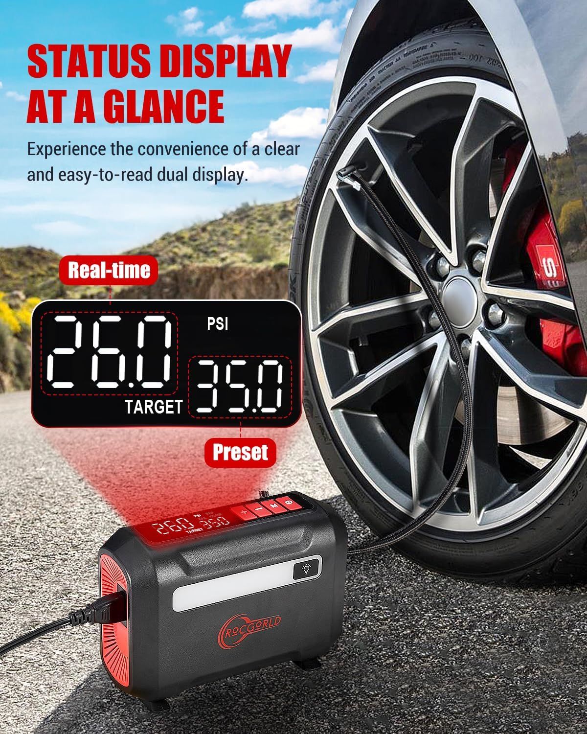 Demonstrates the product's easy-to-read display feature, reassuring shoppers they can monitor tire pressure in real-time with convenience.