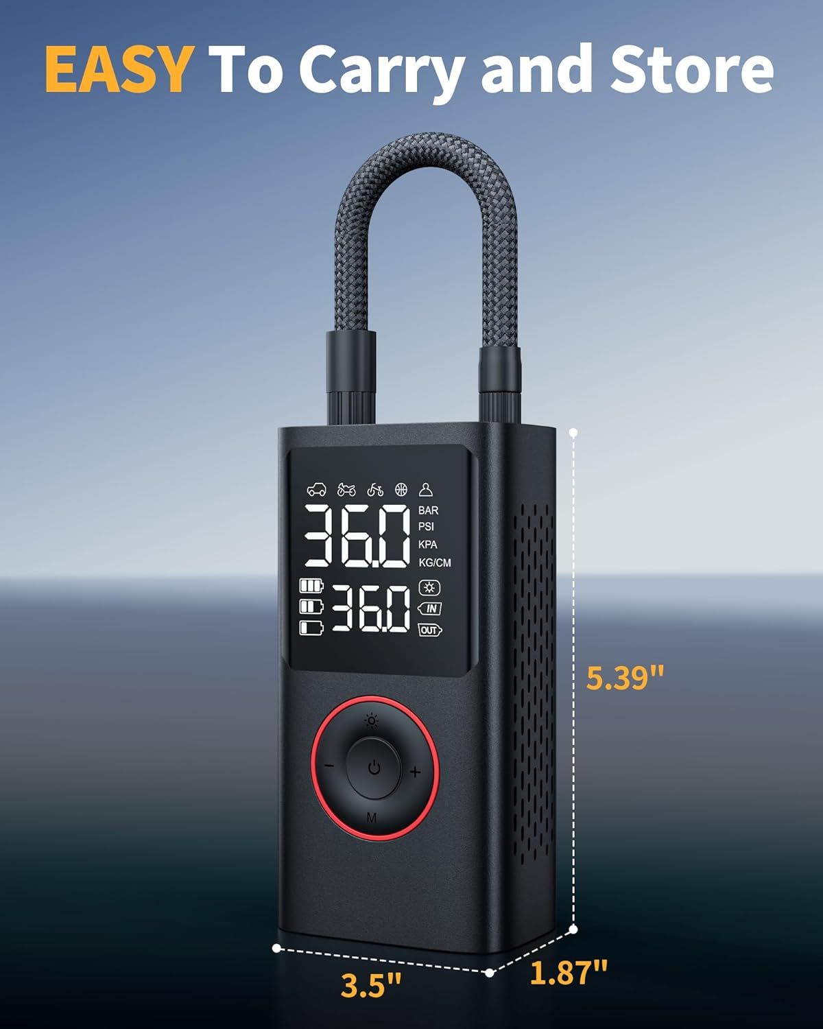 Shows the physical dimensions of the product (5.39 x 3.5 x 1.87 inches) to help shoppers understand its compact, portable size for easy carrying and storage. Communicates the benefit of portability…