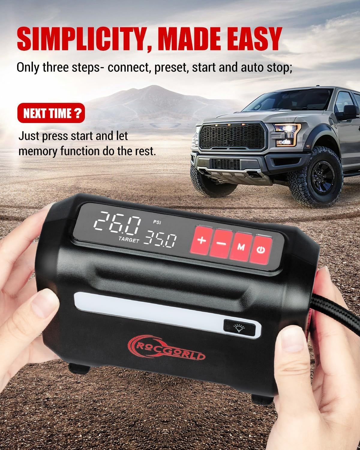Explains how simple it is to use the product with a three-step process and memory function for repeat use. Highlights the product's user-friendly design and convenience.