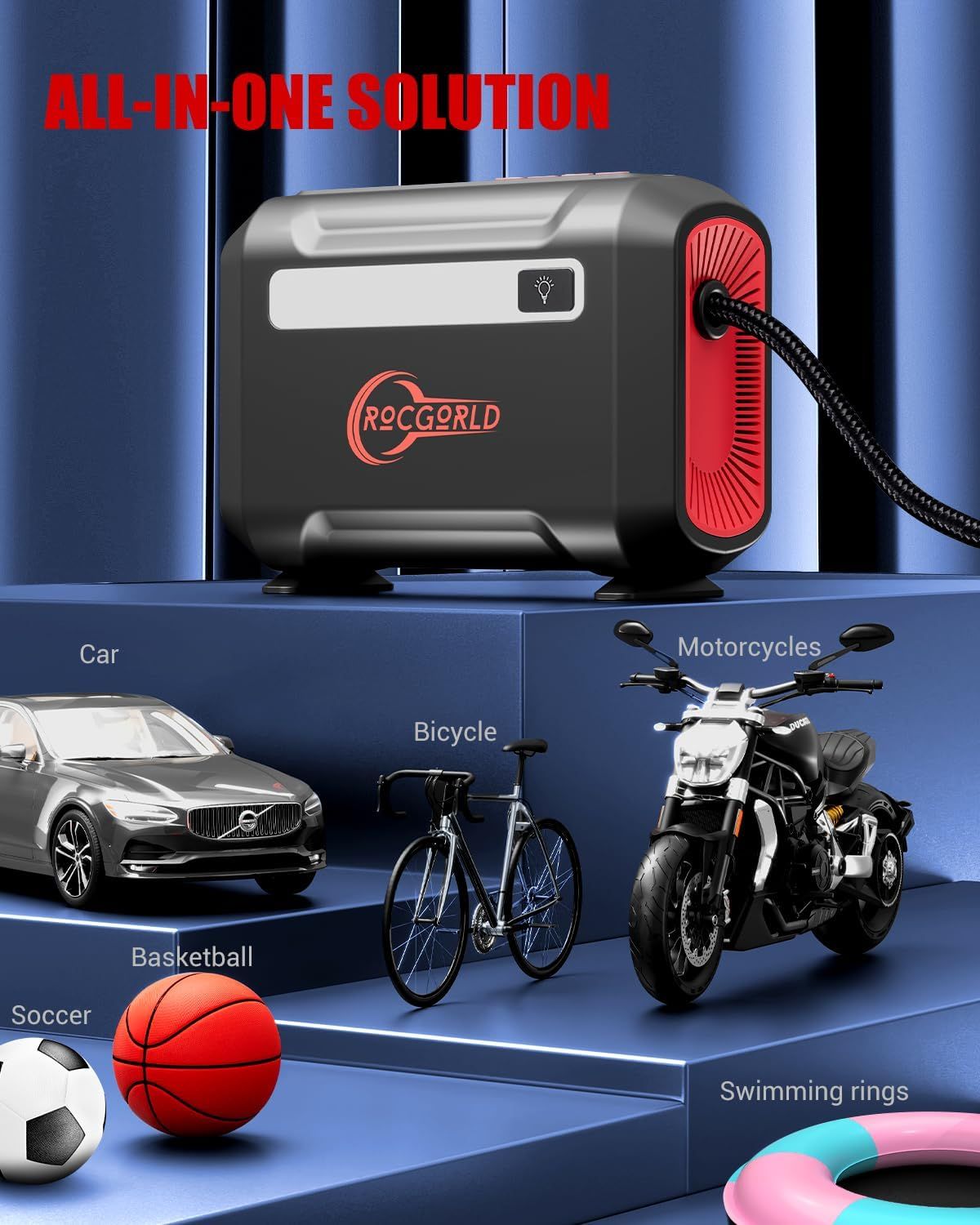 Demonstrates the product's versatility by showing it can inflate tires for cars, bicycles, motorcycles, and sports equipment.