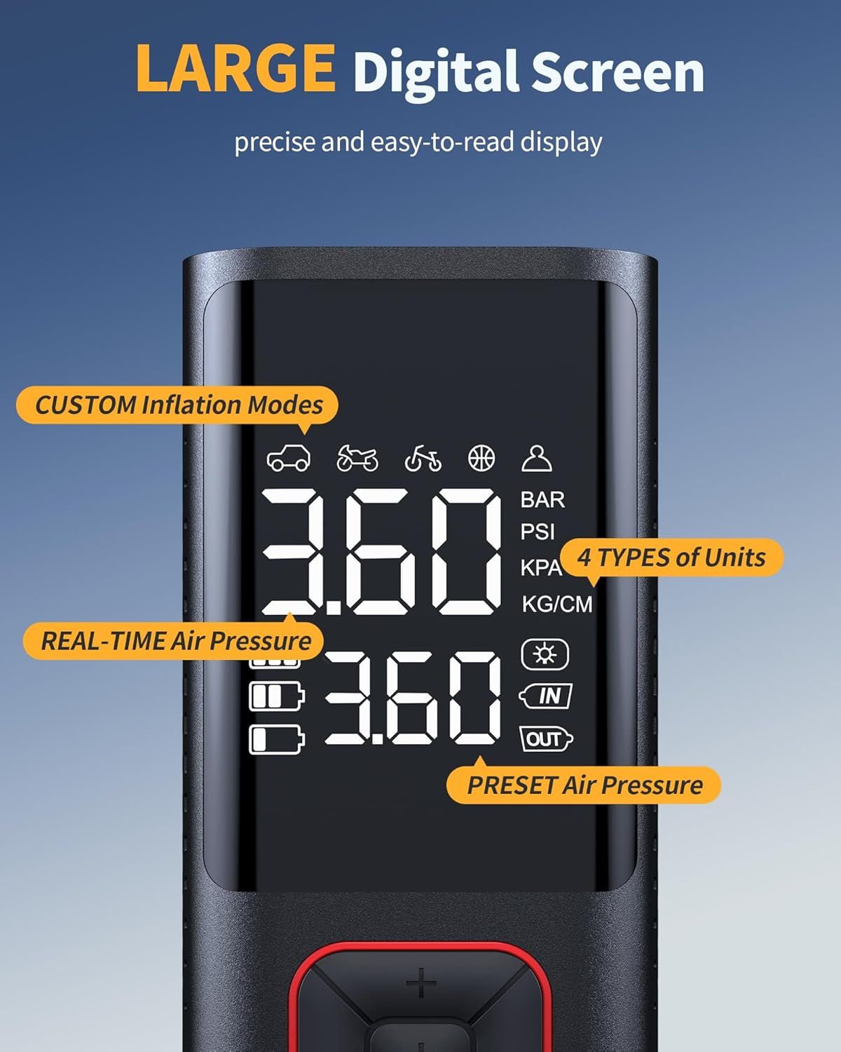 Breaks down the digital display's key functional zones and features with labeled callouts to help shoppers understand the interface and capabilities of the tire inflator.
