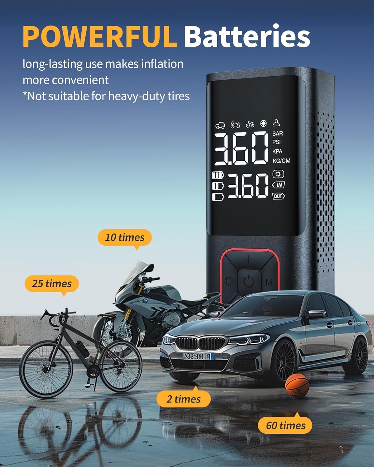 Demonstrates the product's versatility by showing how many times it can inflate different types of vehicles (bicycle, motorcycle, car, basketball), reassuring shoppers of its long-lasting battery…