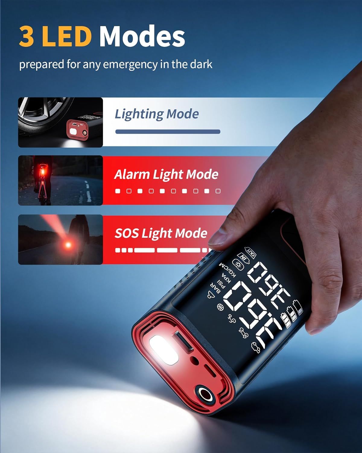 Highlights the product's built-in LED lighting feature with three modes (Lighting, Alarm Light, SOS) to reassure shoppers it's prepared for emergencies in the dark.