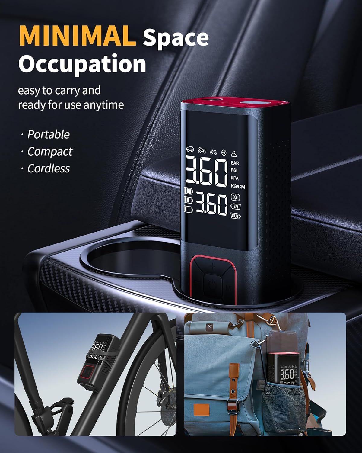 Communicates the product's portability and minimal space occupation, showing it fits easily in car cup holders and bags for convenient on-the-go use. Shows the product in multiple real-world…
