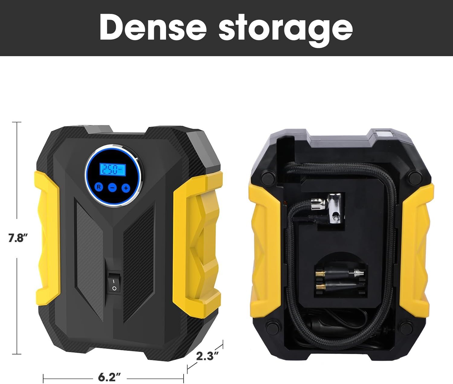 Shows the exact physical dimensions of the tire inflator and demonstrates its compact, portable design with integrated storage for accessories. Communicates the product's space-saving size and…