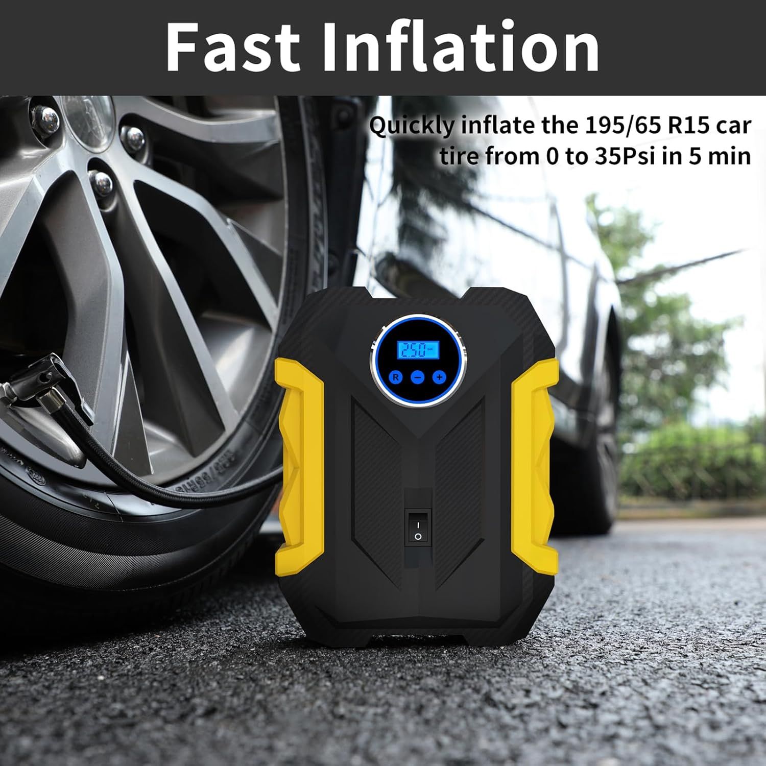 Highlights the tire inflator's fast inflation performance with a specific time metric to reassure shoppers of its efficiency and speed. Communicates the key benefit of quick tire inflation to save…