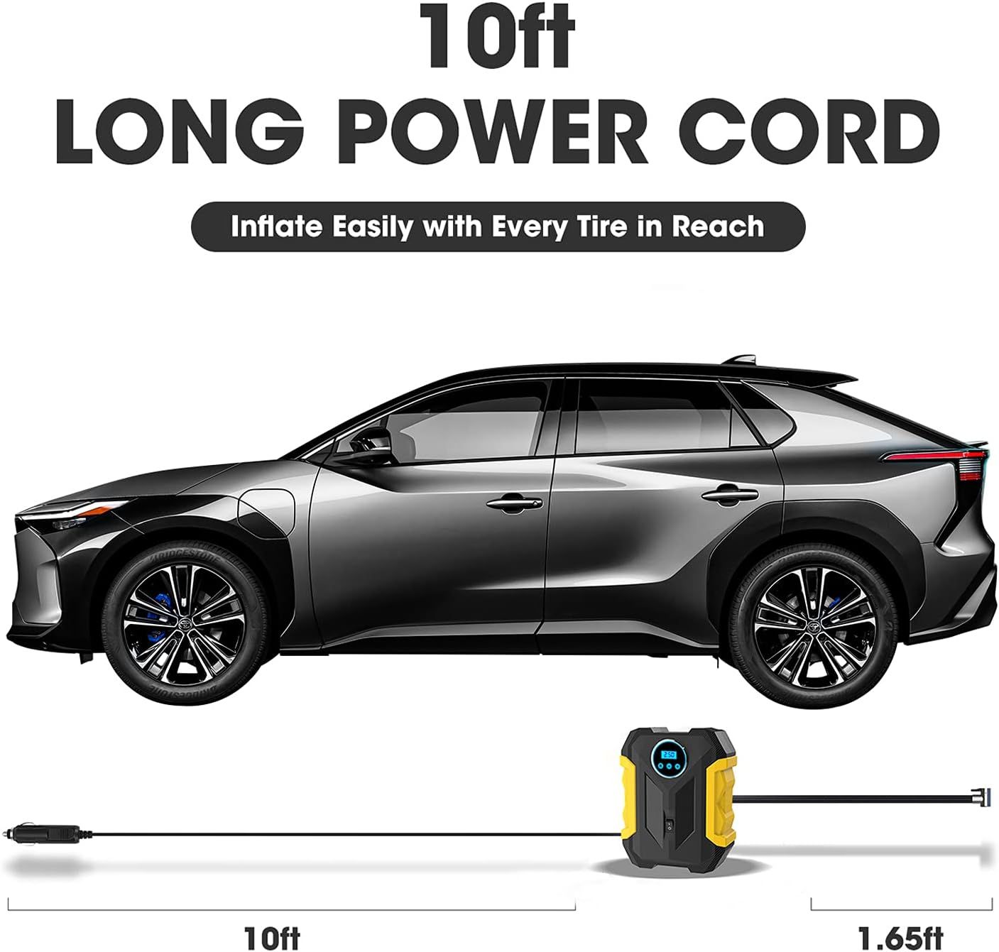 Highlights the 10-foot power cord length as a key spec to reassure shoppers they can reach all tires easily without repositioning the device. Communicates the convenience of the long cord for easy…