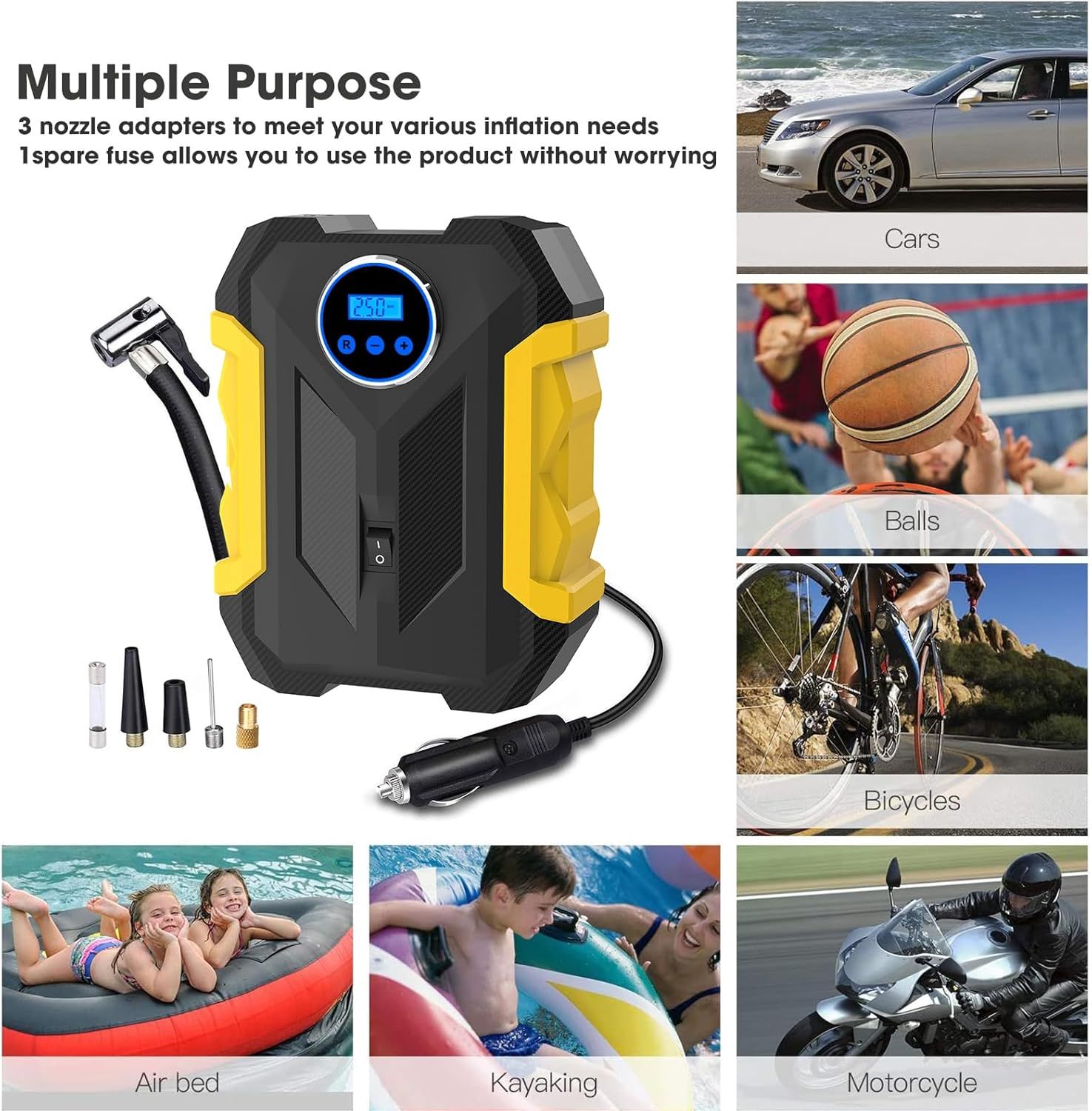 Demonstrates the versatility of the tire inflator by showing it can be used for cars, sports equipment, inflatables, bicycles, and motorcycles, reassuring shoppers of its multi-purpose value.