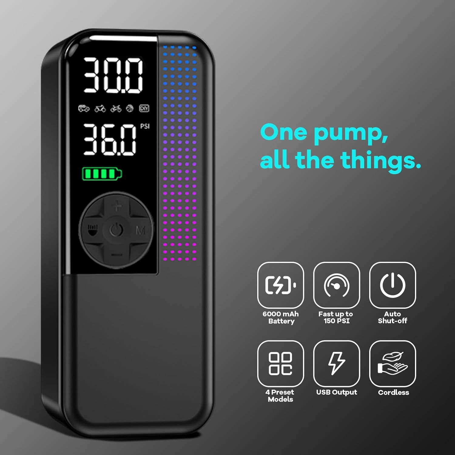Showcases multiple key features and benefits of the tire inflator in a segmented icon layout to communicate versatility and convenience.
