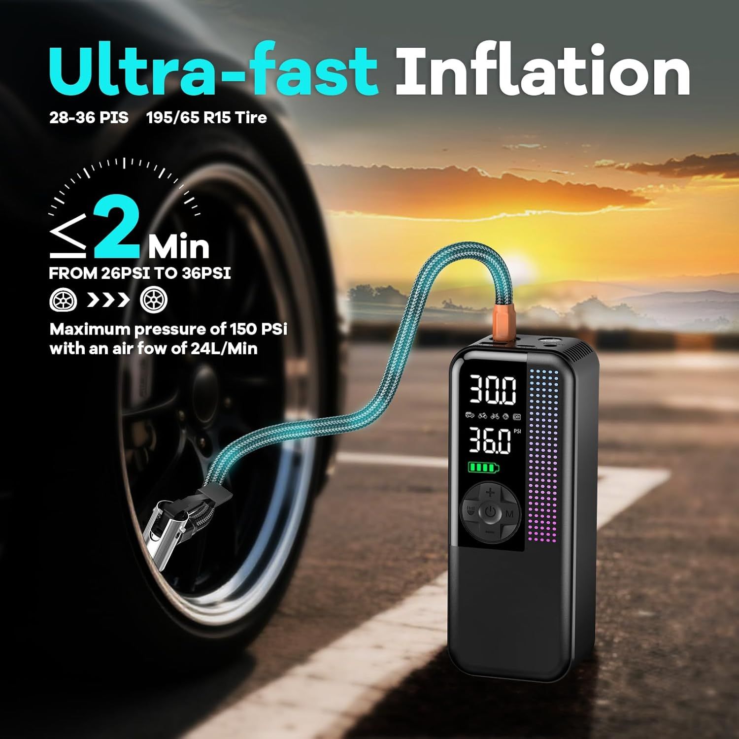 Highlights the ultra-fast inflation performance with specific time and pressure metrics to demonstrate speed and efficiency. Communicates the primary benefit of rapid tire inflation to reassure…