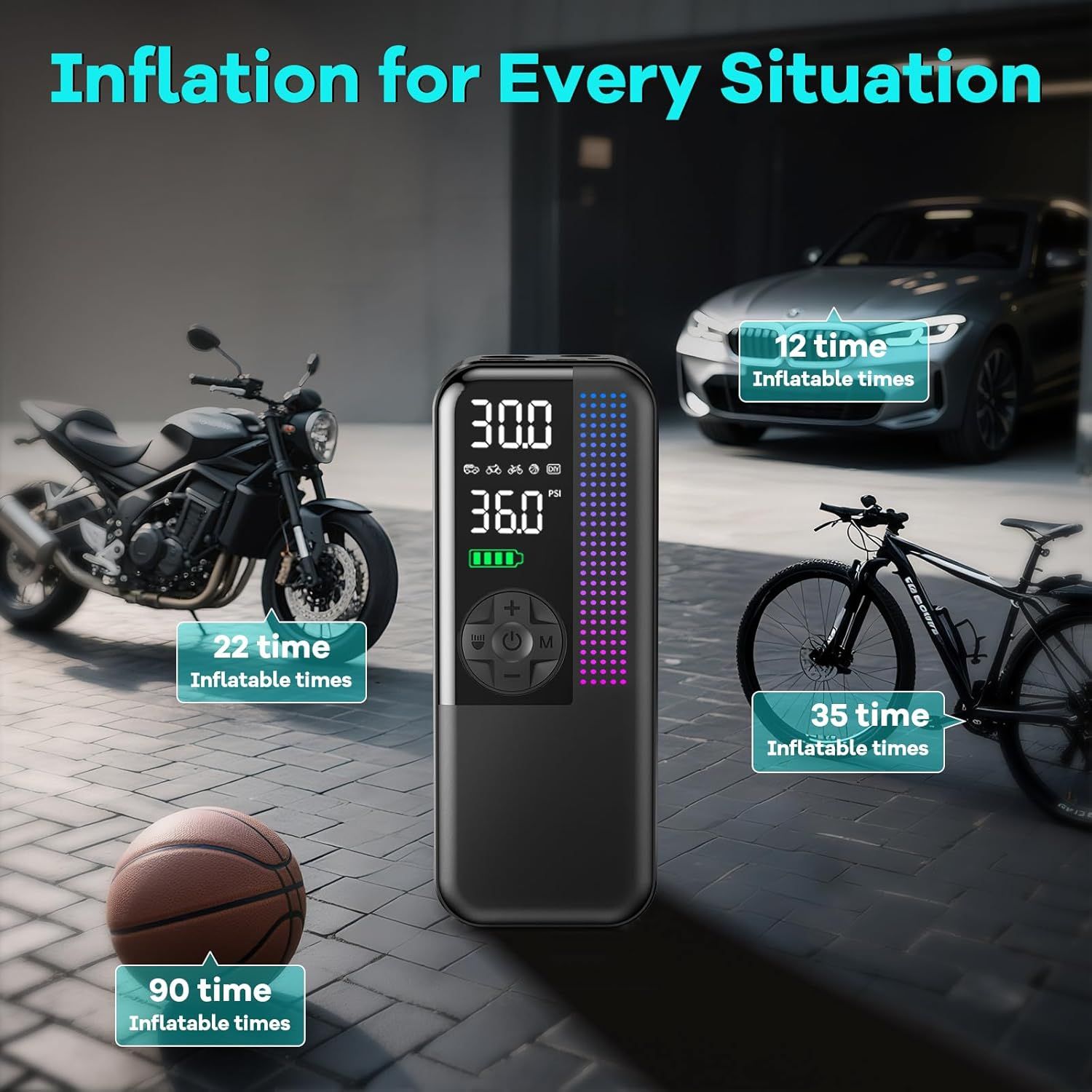 Demonstrates the versatility of the tire inflator across multiple vehicle types and sports equipment to show broad applicability. Provides quantifiable capacity metrics to reassure shoppers of the…