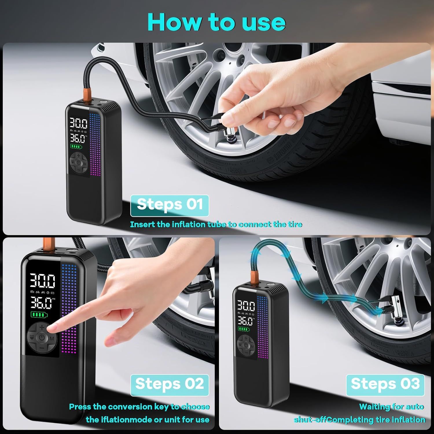 Provides clear step-by-step instructions on how to use the tire inflator to reassure shoppers of ease of use and simplicity.