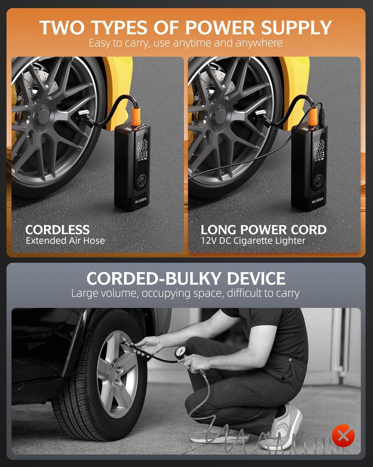 Demonstrates the superiority of the cordless tire inflator over bulky corded competitors by showing two power options and highlighting portability and convenience advantages.