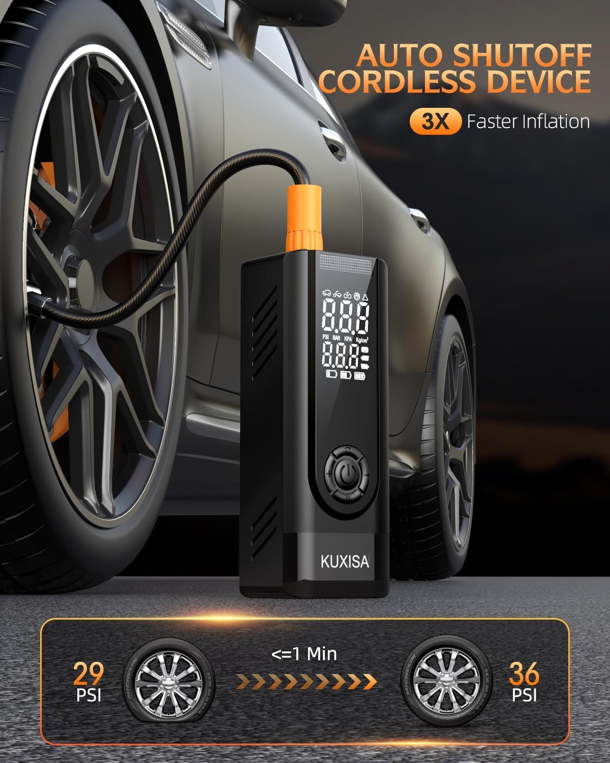 Highlights the performance metric of 3X faster inflation speed and shows the cordless device can inflate from 29 PSI to 36 PSI in under 1 minute, reassuring shoppers of efficiency and convenience.…
