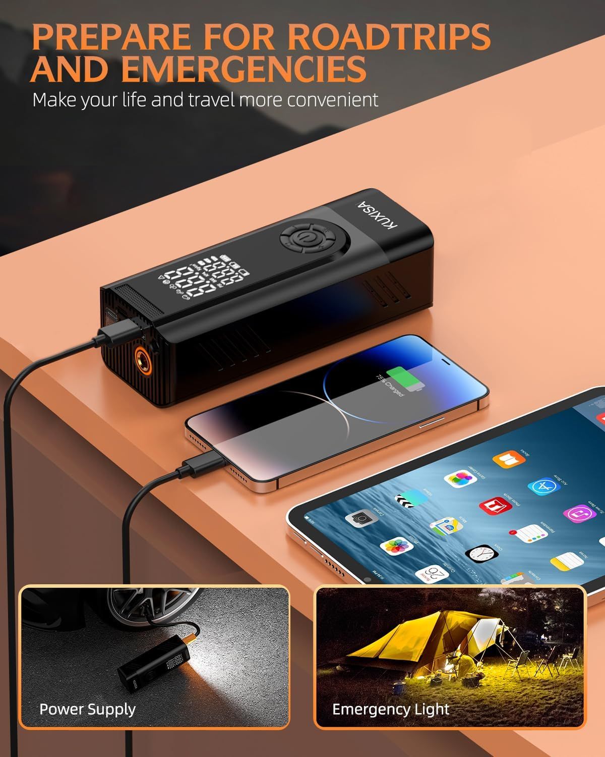 Demonstrates multiple use cases for the tire inflator including roadtrips, emergencies, power supply for devices, and emergency lighting, showing versatility and preparedness benefits.