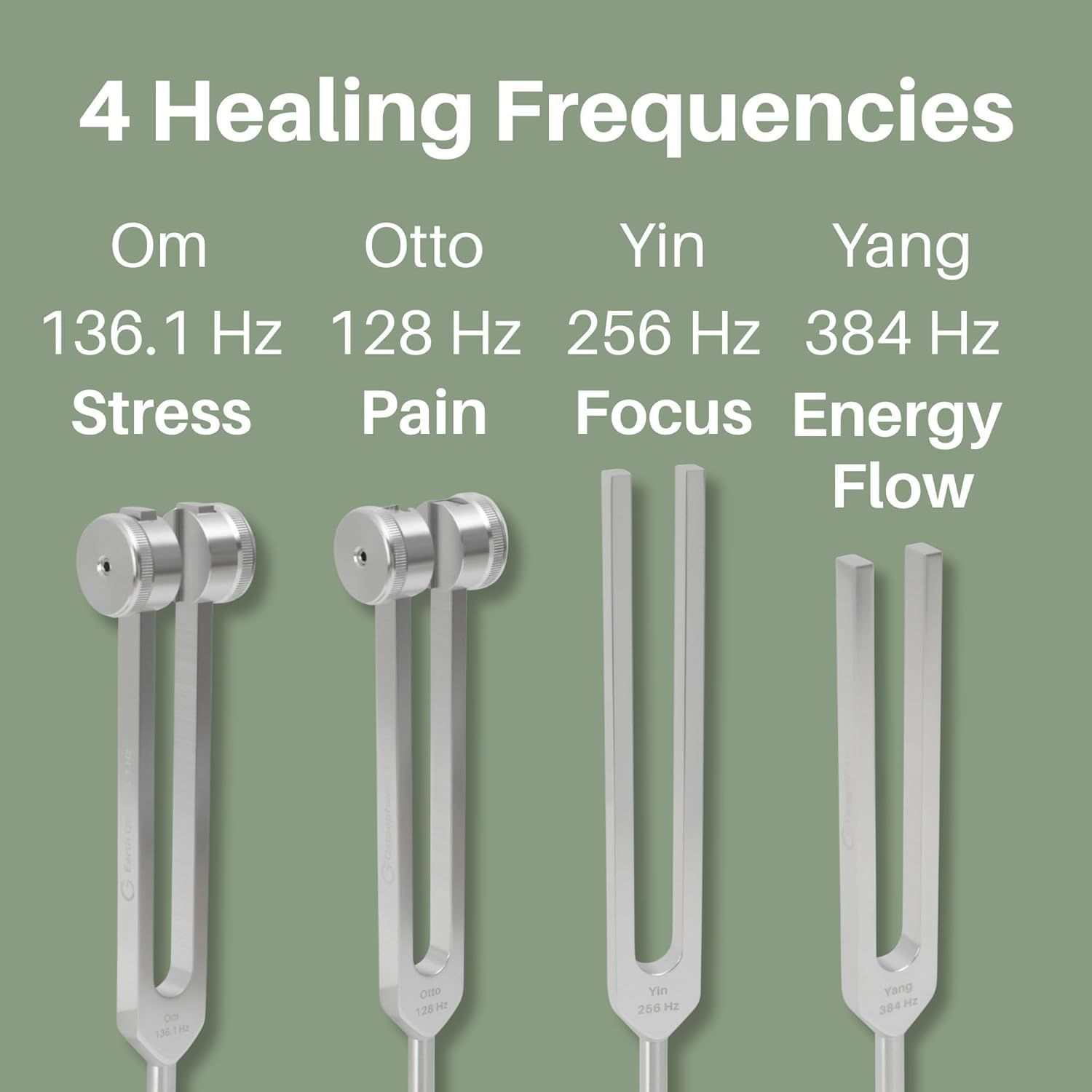Showcases the four distinct healing frequencies and their specific benefits in a segmented layout, helping shoppers understand the versatility and targeted applications of each tuning fork.