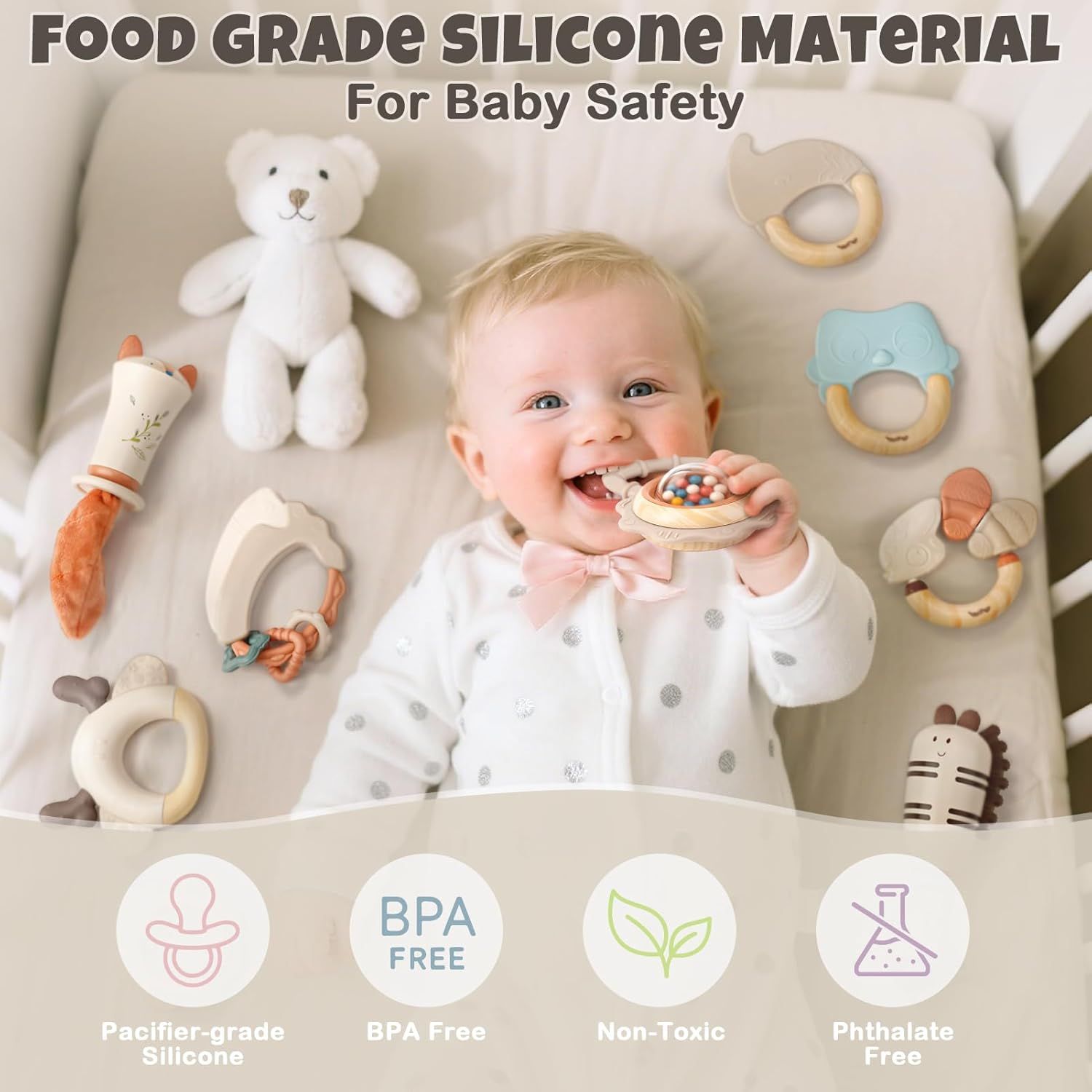 Reassures parents that the baby teething toys are made from safe, food-grade silicone material free from harmful chemicals. Communicates the safety credentials of the product to reassure parents…